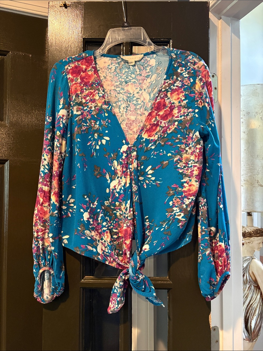lovestitch Teal Floral V-Neck Tie-Front Blouse